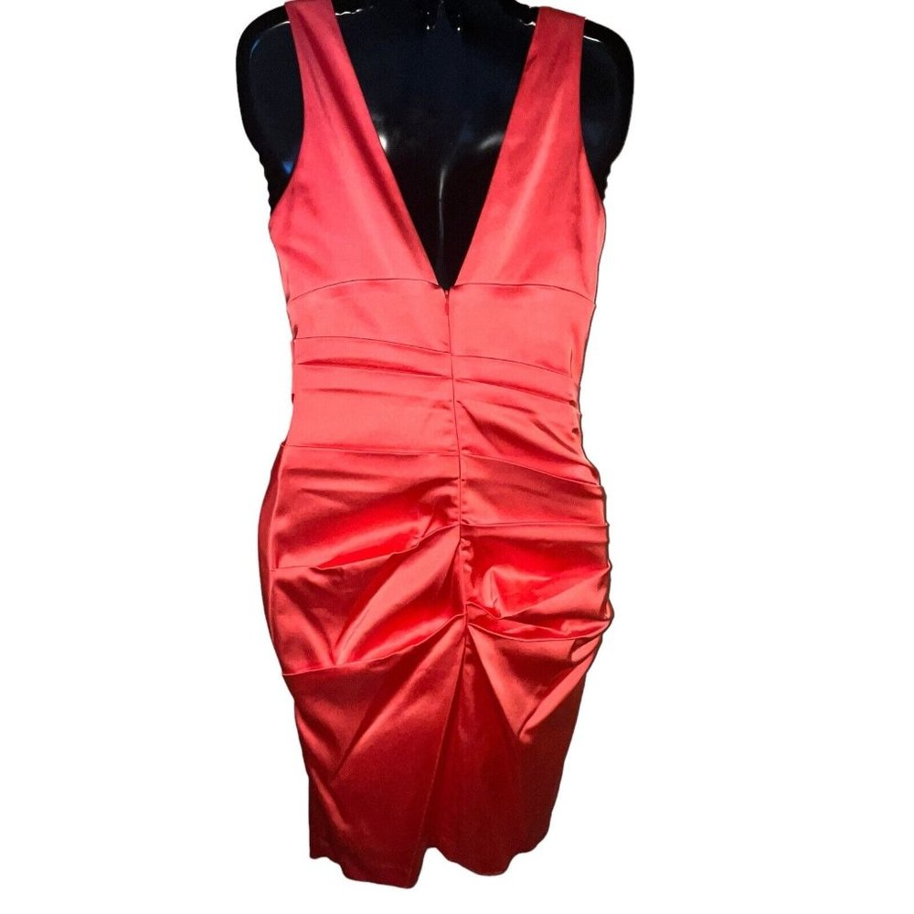 Sexy Cache Vintage Coral Dress 2 Layered Shinny Evening Party Bodycon Back Zip - Picture 7 of 11